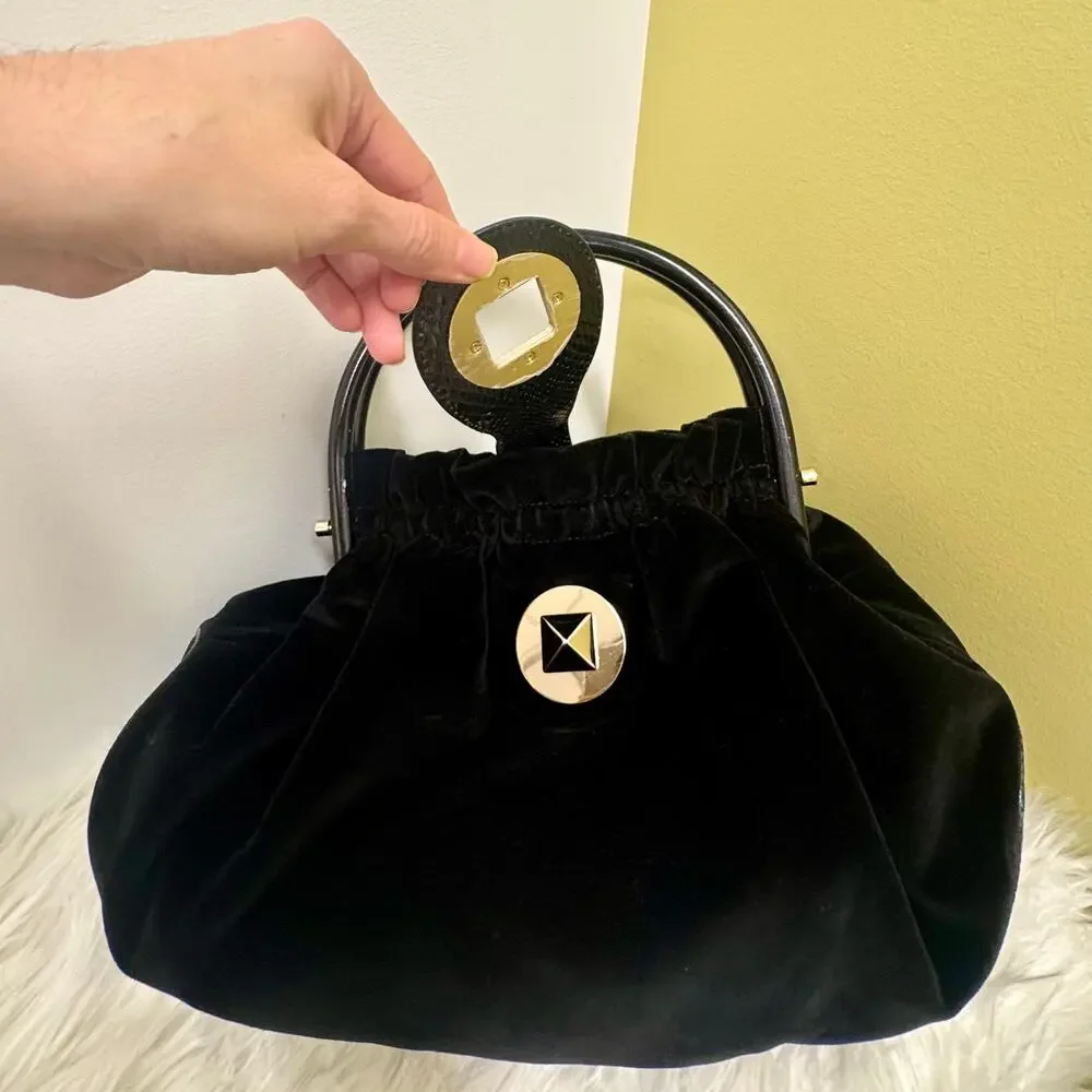 Kate Spade Maya Wood Handle Black Velvet Purse Handbag Turnlock Classic